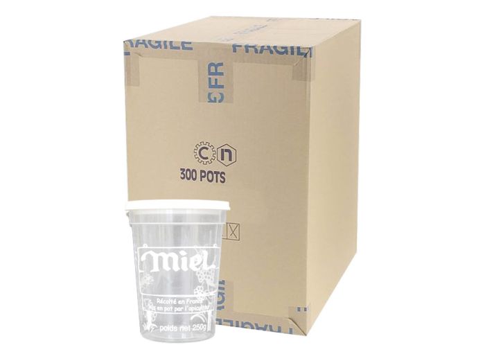Pot à miel plastique Nicot 250 g transparent avec couvercle blanc et marquage Miel Récolté en France blanc sur fond transparent