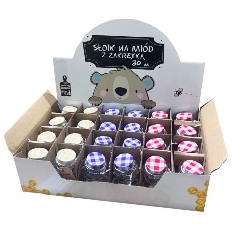 Présentoir de 24 pots verre 30ml Ourson avec capsule "vichy" couleurs assorties