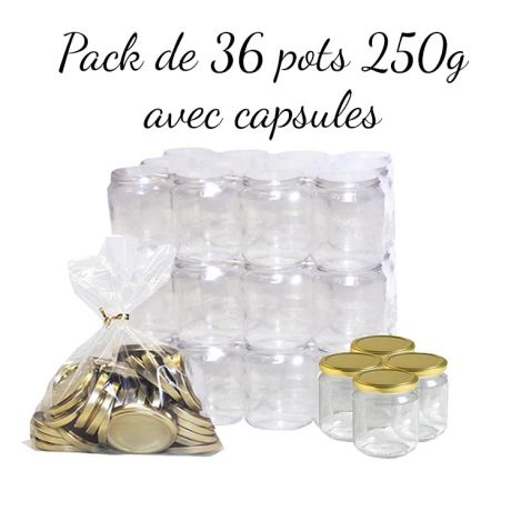 Pack de 36 pots en verre 250g avec capsules "Or"