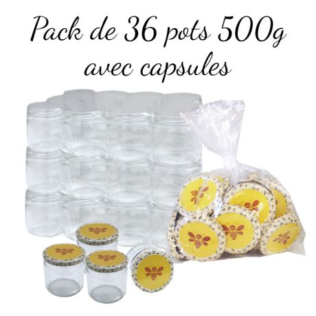 Pack de 36 pots en verre 500g "chonig", avec capsules "essaim"