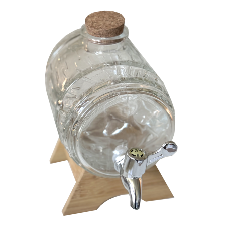 Tonnelet en verre 1,5L avec robinet, sur support bois
