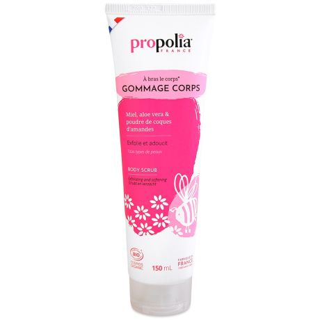 Gommage corps au miel, aloe vera, et poudre de coques d'amandes Propolia, le tube de 150ml