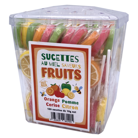 Sucette ronde MIEL/FRUITS 12g, la boite de 100