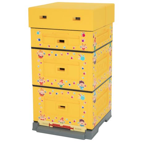 Ruche Dadant 10 en polystyrène Lyson, Jaune à décor enfantin naïf