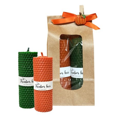 Lot de 2 Bougies roulées en cire d'abeille Déco Citrouille et Vert Taille M
