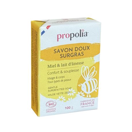 Savon doux surgras BIO miel et lait d'ânesse, Propolia, le savon de 100g
