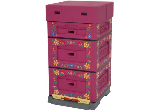 Ruche Dadant en polystyrène, peinte en rose avec motif floral