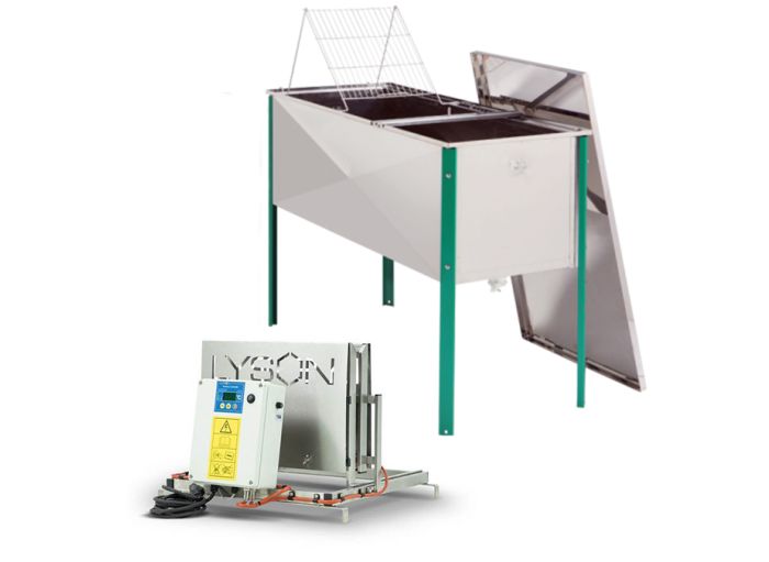 Pack machine à désoperculer verticale à lame chauffante + bac inox 2m