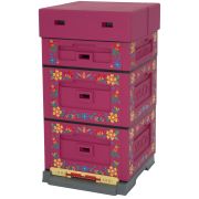 Ruche Dadant en polystyrène, peinte en rose avec motif floral
